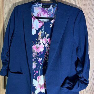 Skies Are Blue Raja Collarless Blazer Navy Blue 3/4 Ruched Sleeves Size Med EUC